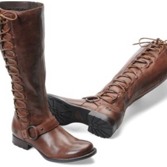 Born Estelle Riding Boots Women's 12 Brown Leather Lace Up Knee-High Zipper - Picture 1 of 10